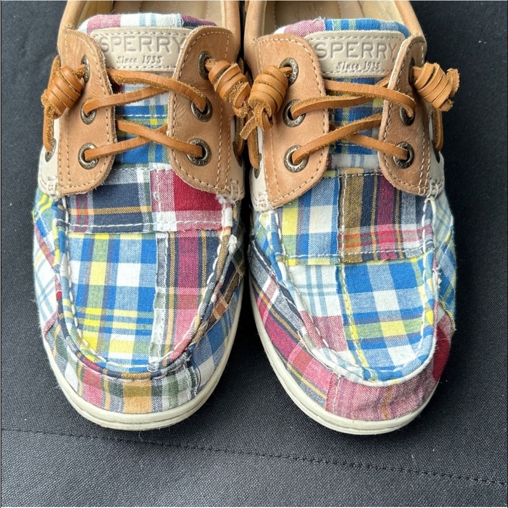 Sperry Multicolor Plaid Canvas Boat Shoes with Tan Leather Accents Women Size 7 - Picture 4 of 9
